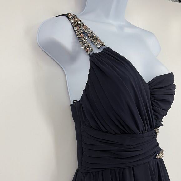 Jodi Kristopher One Shoulder Cocktail Dress 3 Holiday Navy Rhinestone Chiffon - Picture 13 of 15